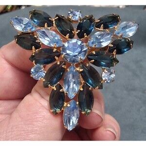 Vintage Blue Rhinestone Brooch Open Back  Stones Large Unfoiled